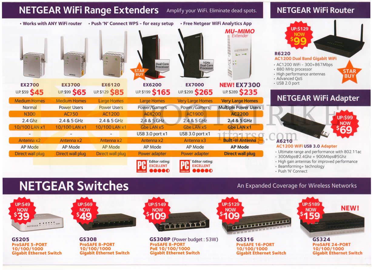 COMEX 2016 price list image brochure of Netgear Wireless Wifi Routers Extenders, Adapter, Switches, EX2700, EX3700, EX6120, EX6200, EX7000, Ex7300, R6220, A6210, GS205, GS308, GS308P, GS316, GS324