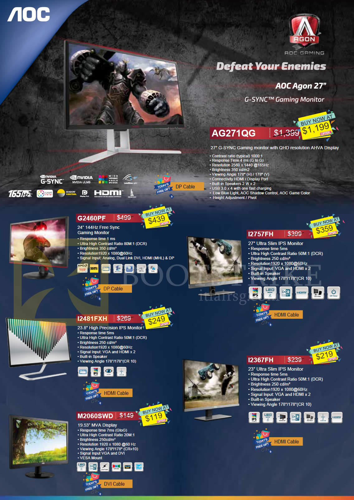 COMEX 2016 price list image brochure of Newstead AOC Monitors IPS Free Sync G-Sync AG271QG, G2460PF, I2757FH, I2481FXH, I257FH, I2367FH, M2060SWD