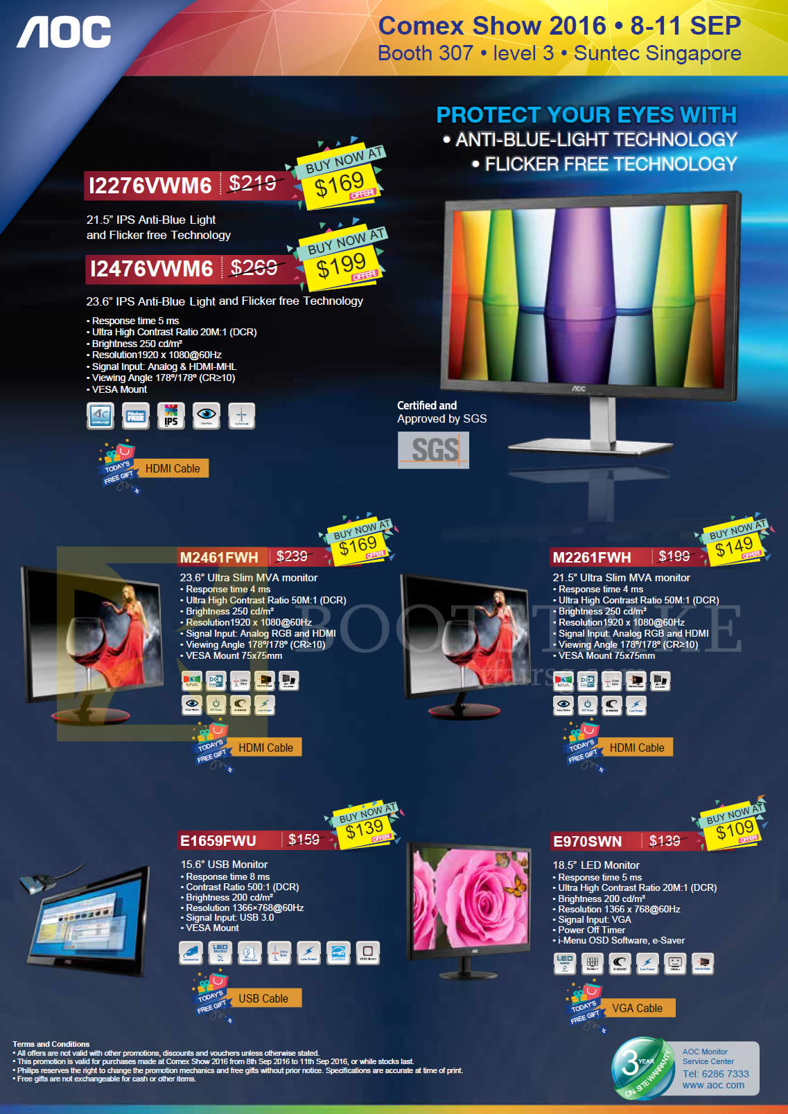 COMEX 2016 price list image brochure of Newstead AOC Monitors IPS MVA USB LED I2276VWM6, I2476VWM6, M2461FWH, M2261FWH, E1659FWU, E970SWN