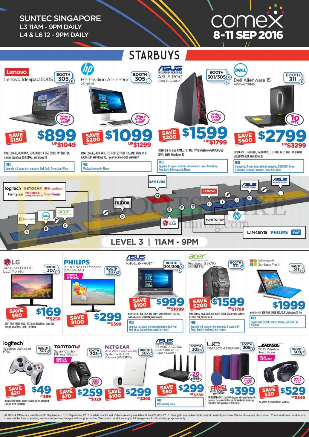 COMEX 2016 price list image brochure of Newstead Star Buys Notebooks, Desktop Pcs, Monitors, Router, Headphone, GamePad, Watch, Lenovo, HP, Asus, Dell, LG, Philips, Acer, Bose, UE, Netgear, Tomtom, Logitech