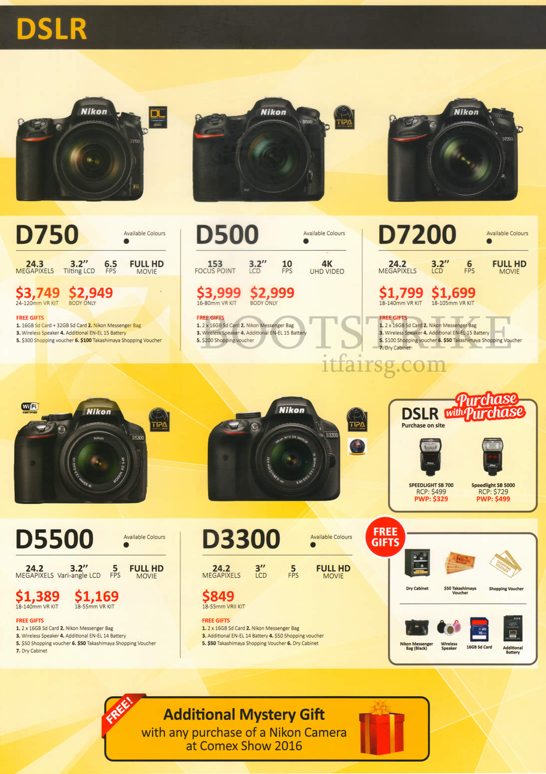 COMEX 2016 price list image brochure of Nikon DSLR Digital Cameras D750, D500, D7200, D5500, D3300