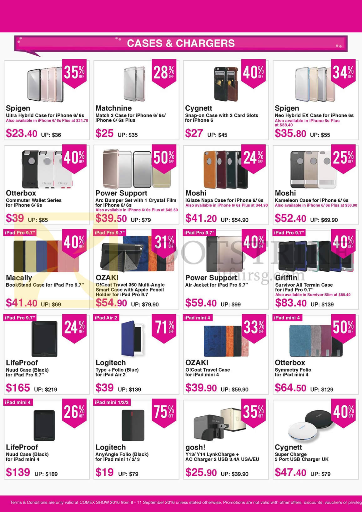 COMEX 2016 price list image brochure of Nubox Accessories Cases, Chargers, Spigen, Matchnine, Cygnett, Otterbox, Power Support, Moshi, Griffin, Ozaki, Macally, LifeProof, Logitech