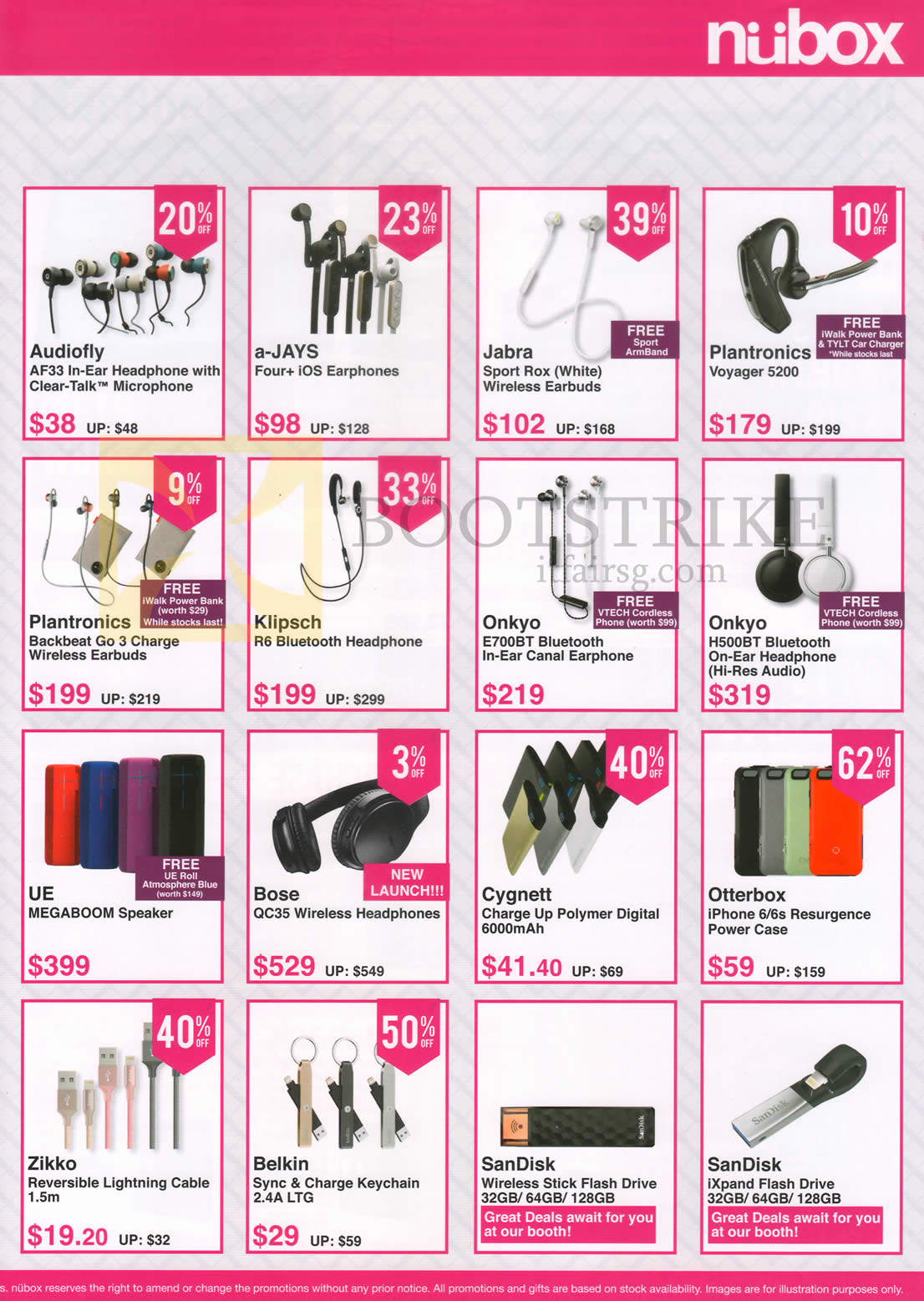 COMEX 2016 price list image brochure of Nubox Accessories Headphones, Earphones, Bluetooth Headset, Speakers, Audiofly, A-Jays, Jabra, Plantronics, Klipsch, Onkyo, Otterbox, Cygnett, Bose, UE, Zikko, Belkin, Sandisk