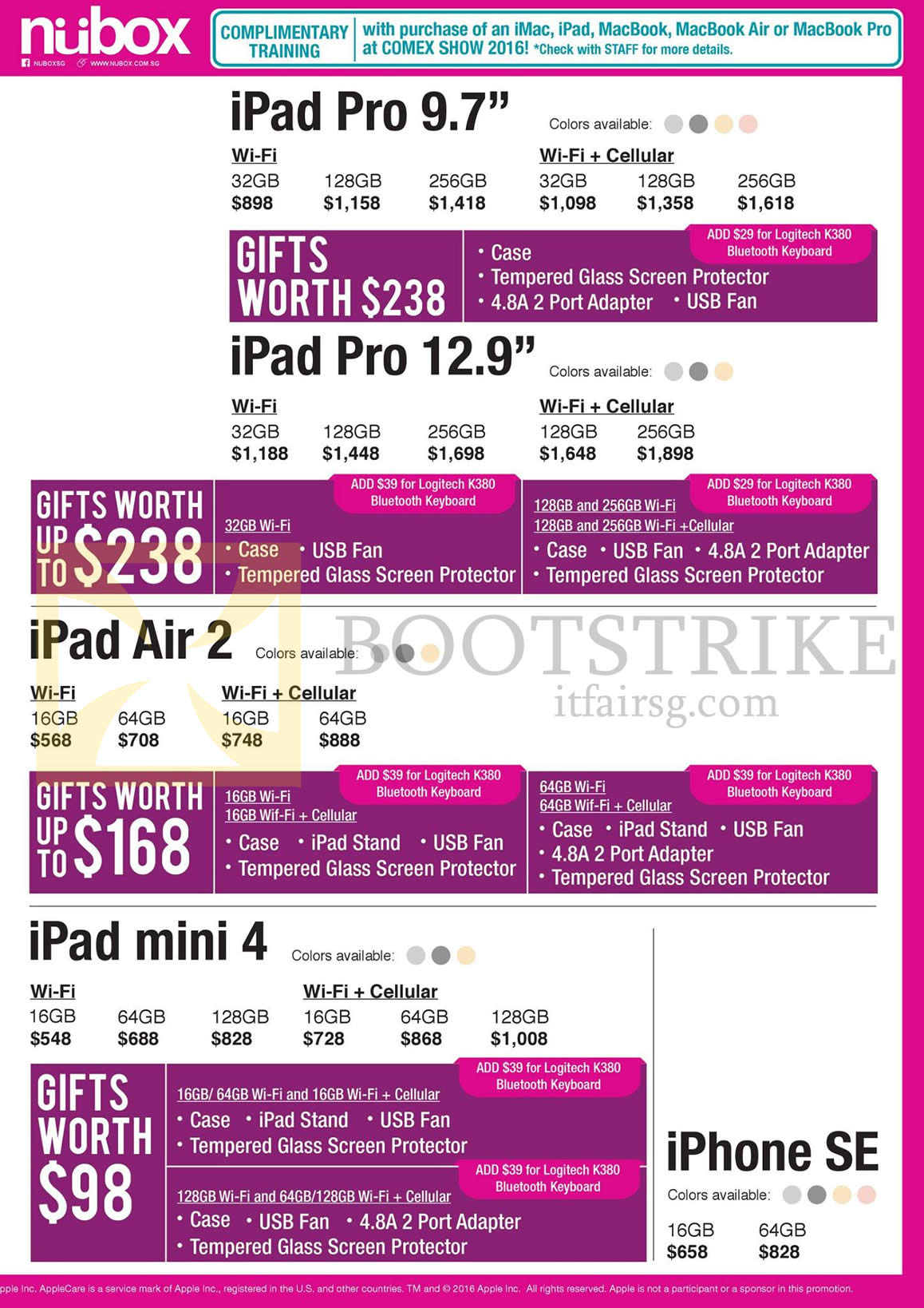 COMEX 2016 price list image brochure of Nubox Apple Tablets IPad Pro 9.7, 12.9, IPad Air 2, IPad Mini 4, IPhone SE