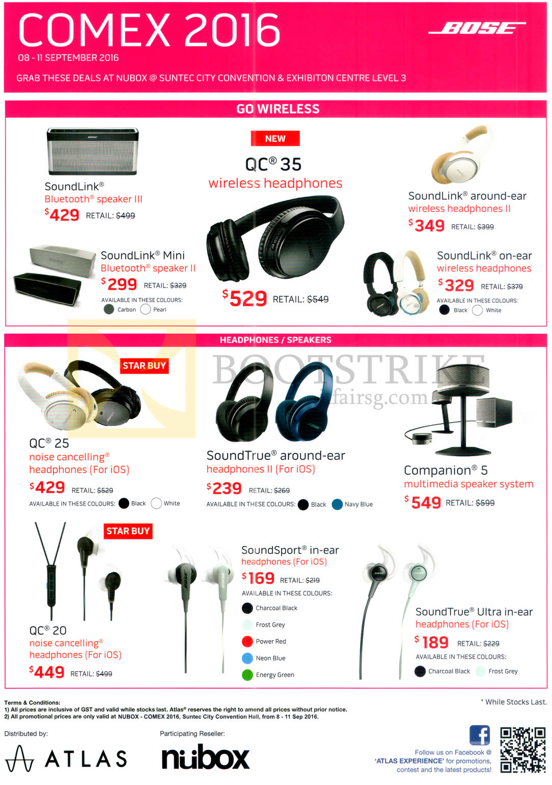 COMEX 2016 price list image brochure of Nubox Bose Headphones, Earphones, Speaker, Soundlink, Mini, QC 35, SoundLink Around-ear, QC25, SoundTrue, Companion 5, QC 20, Soundsport, SoundTrue Ultra In-Ear