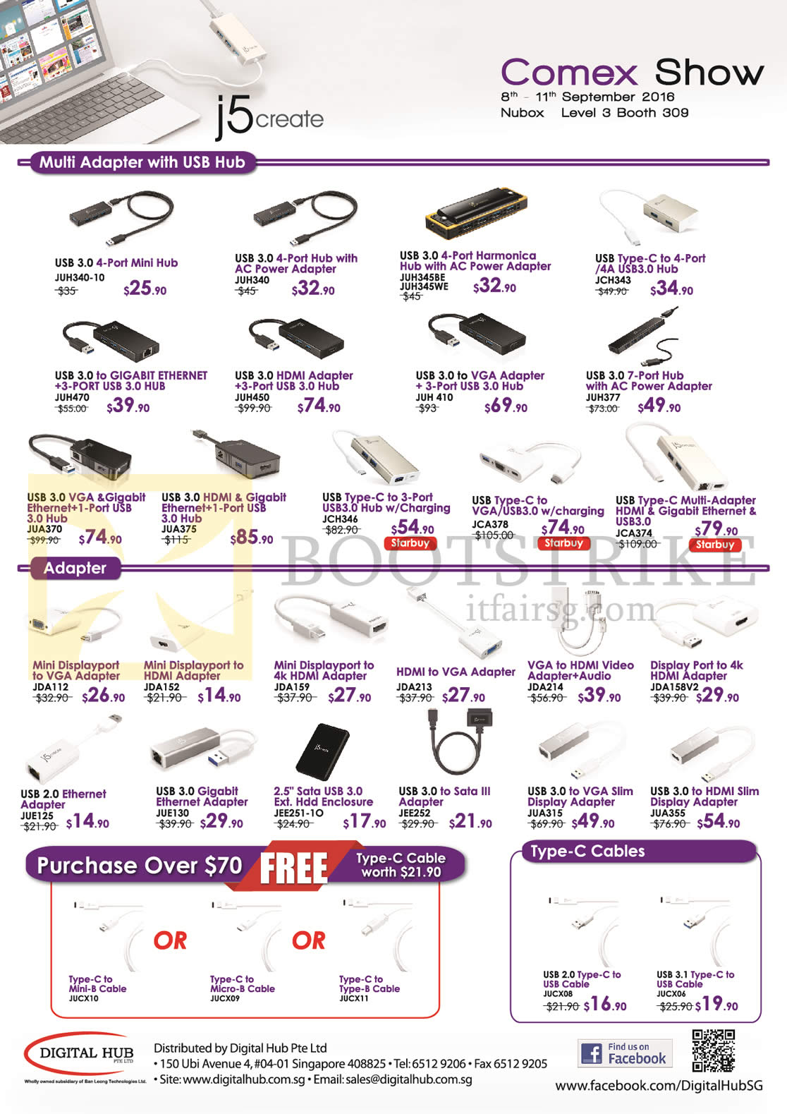 COMEX 2016 price list image brochure of Nubox J5create Multi Adapter With USB Hub, Adapter, Type C Cables, USB3.0, Type C To 4 Port, USB 3.0 To Gigabit Ethernet, HDMI Adapter, Gigabit Ethernet, Mini Displayport To VGA, HDMI To VGA Adapter