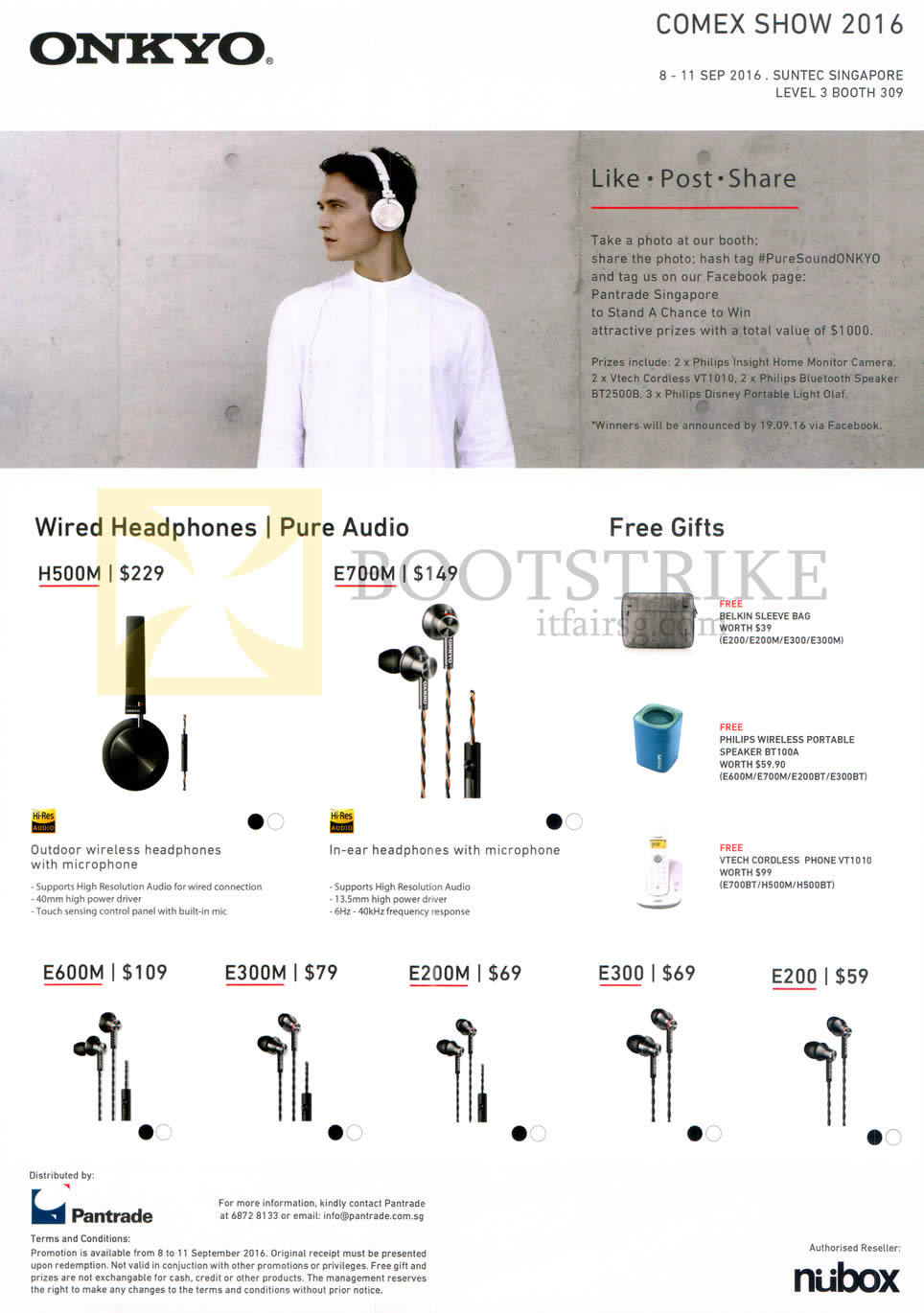 COMEX 2016 price list image brochure of Nubox Onkyo Headphone, Earphones H500M, E700M, E600M, E300M, E200M, E300, E200