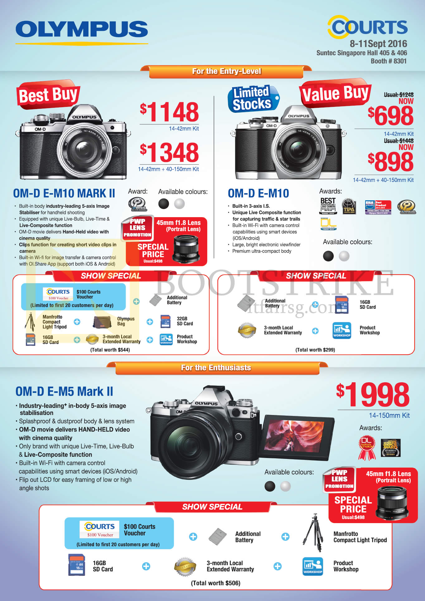 COMEX 2016 price list image brochure of Olympus Digital Cameras OM-D E-M10, Mark II, Om-D E-M5 Mark II