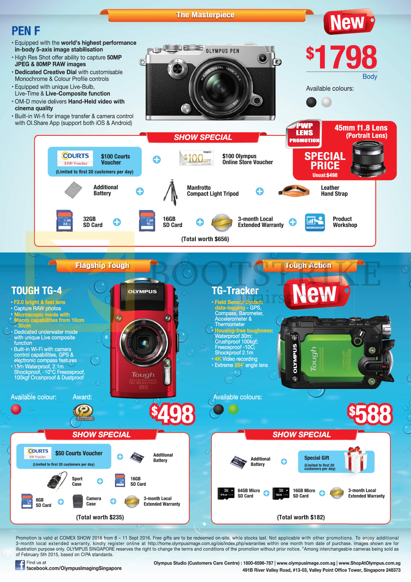 COMEX 2016 price list image brochure of Olympus Digital Cameras Pen F, Tough TG-4, TG-Tracker