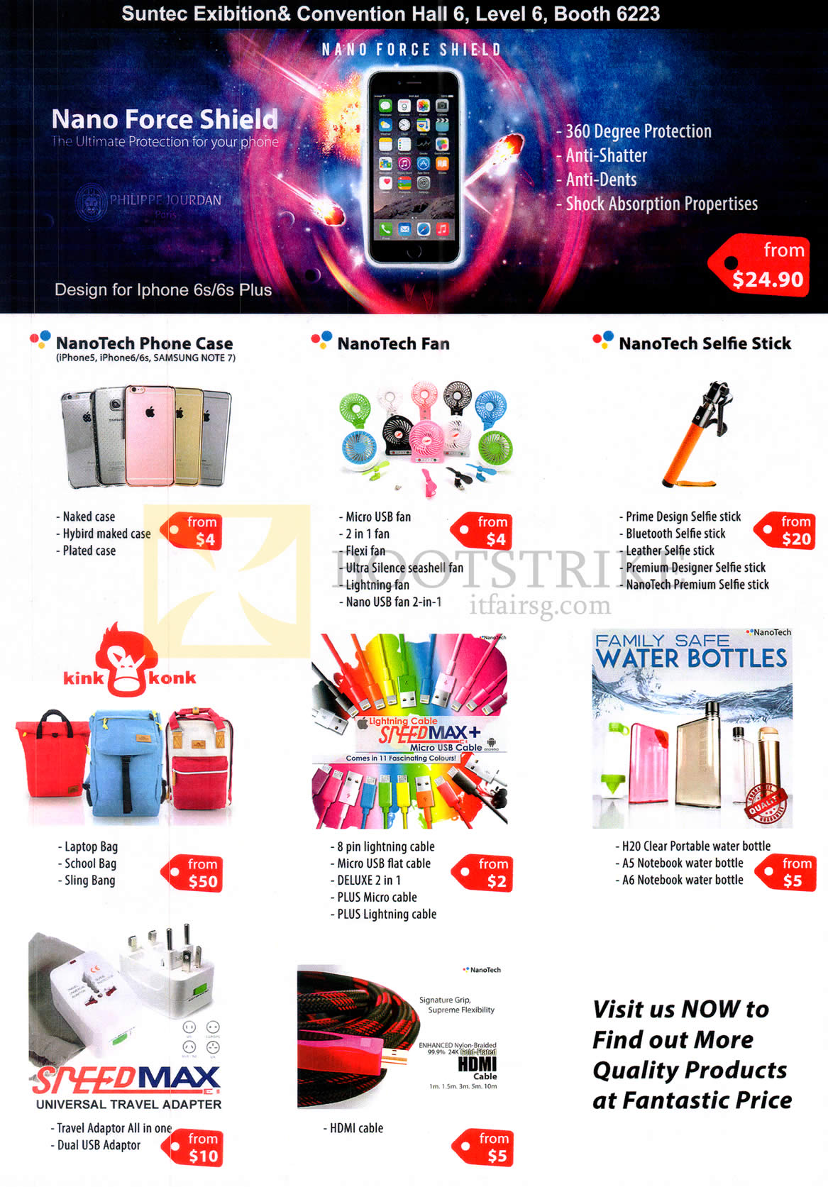 COMEX 2016 price list image brochure of Philippie Jourdan Phone Case, NanoTech Fan, Selfie Stick, Lightning Cables, Water Bottles, Adapter