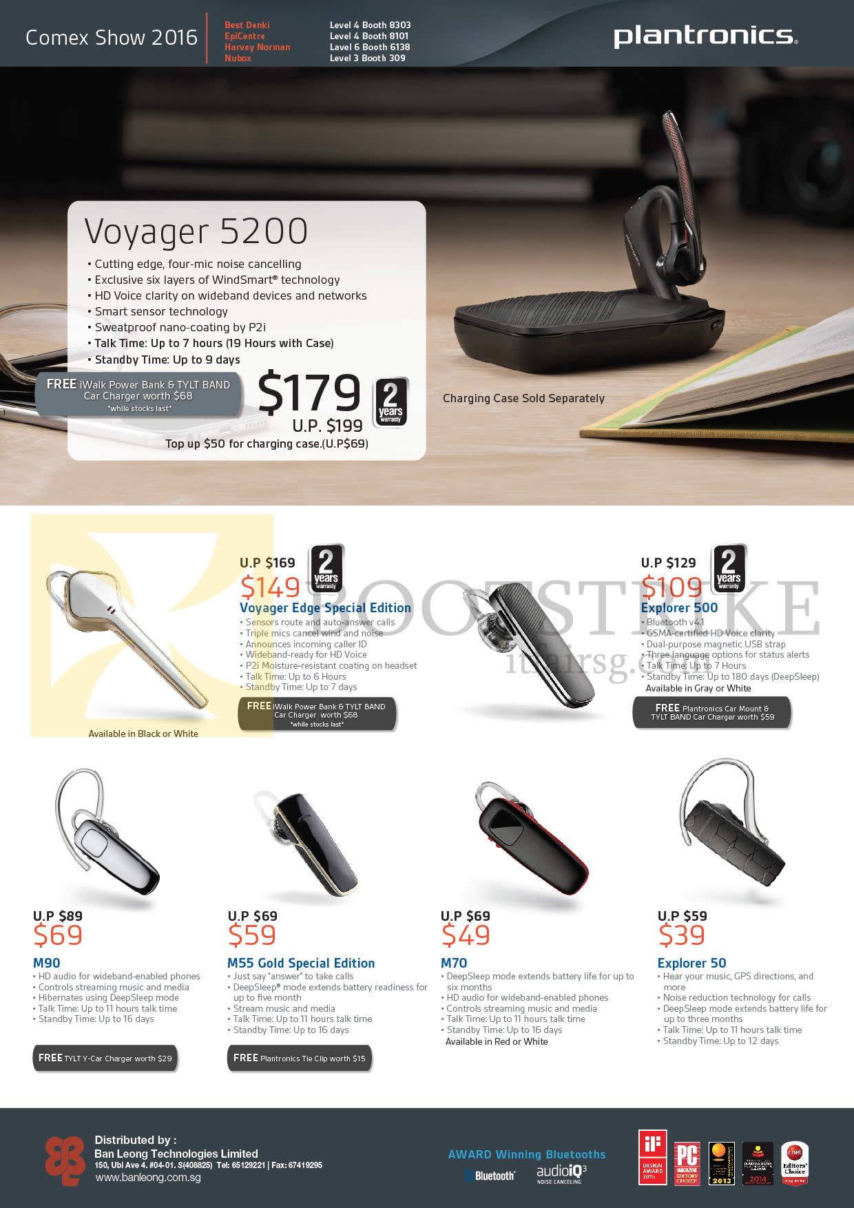 COMEX 2016 price list image brochure of Plantronics Bluetooth Headsets Voyager 5200, Edge Special Edition, Explorer 500, M90, M55 Gold Special Edition, M70, Explorer 50