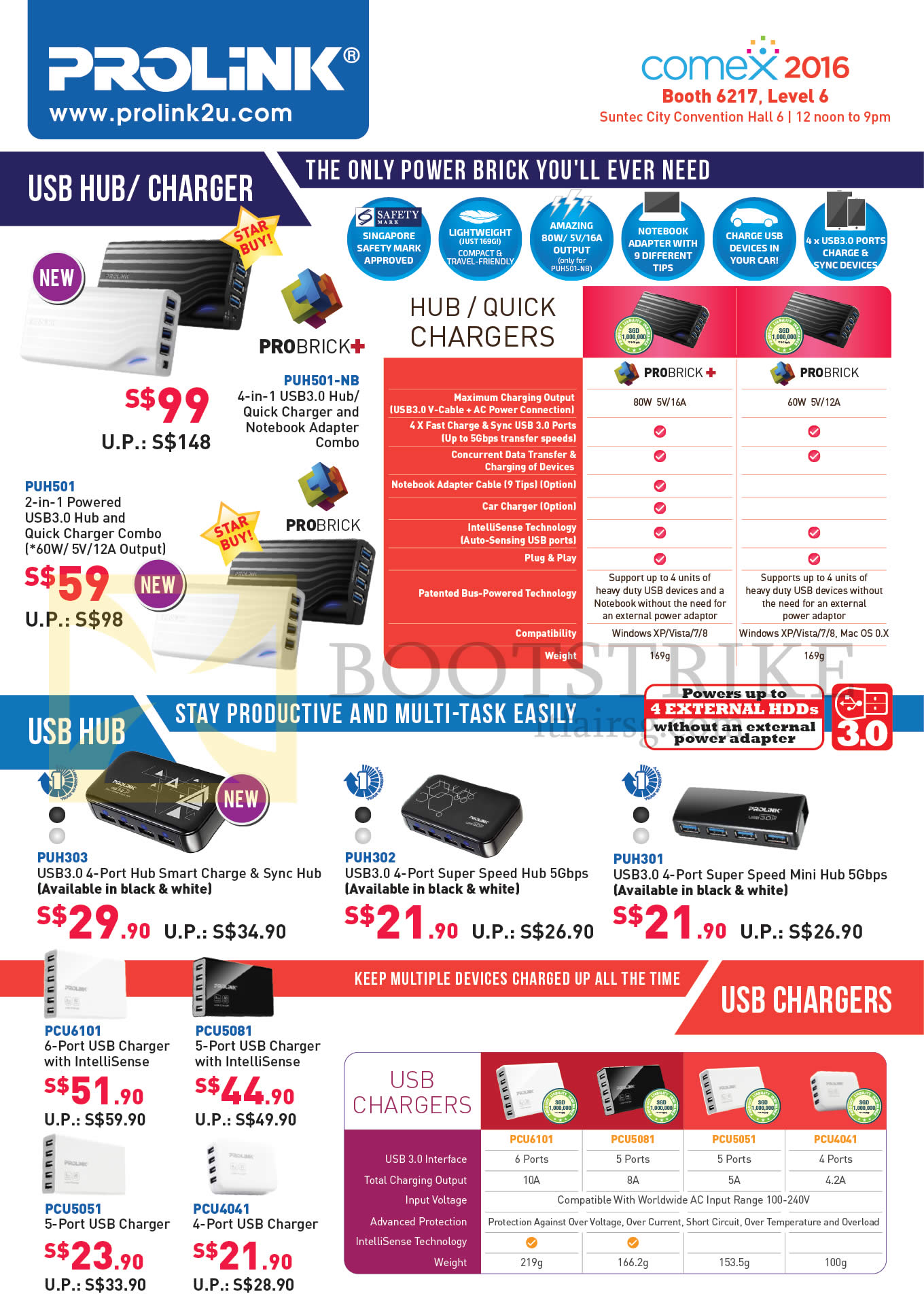 COMEX 2016 price list image brochure of Prolink USB Hub, Quick Charger, ProBrick, Plus, PUH501, 501-NB, 303, 302, 301, PCU6101, 5051, 5081, 4041