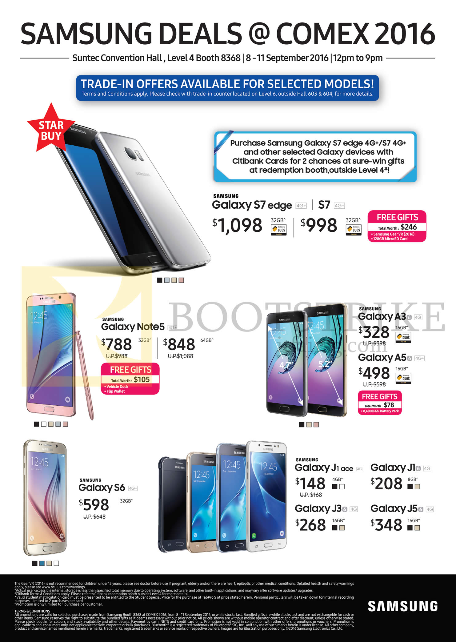 COMEX 2016 price list image brochure of Samsung Mobile Phones Galaxy S7, S7 Edge, Note 5, A3, S6, J1 Ace, J1, J3, J5