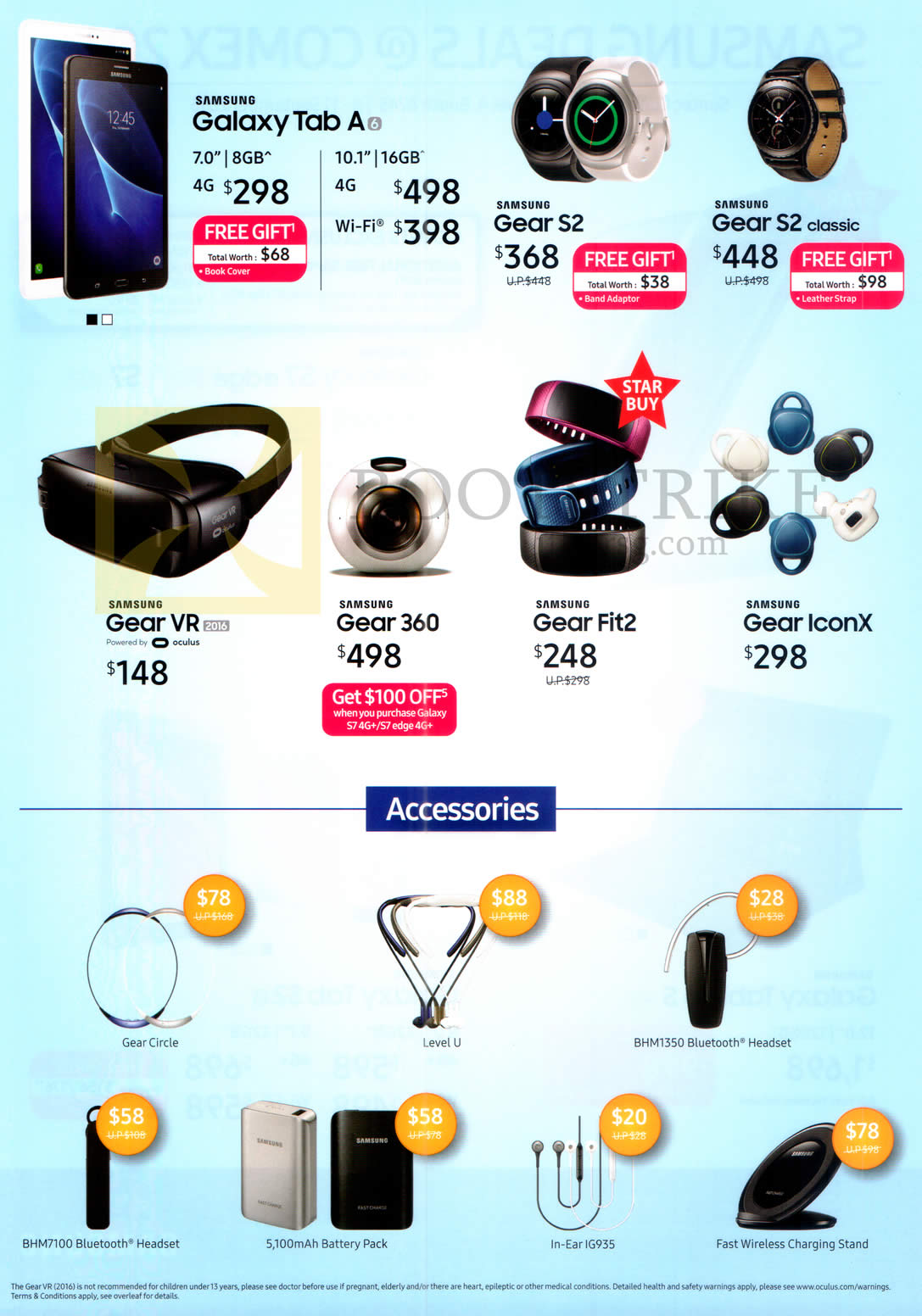 COMEX 2016 price list image brochure of Samsung Mobile SmartPhones, Fitness Watches, Accessories, Galaxy Tab A, Gear S2, S2 Classic, VR, 360, Fit2, IconX, Gear Circle, Headset, Battery Pack, Charging Stand