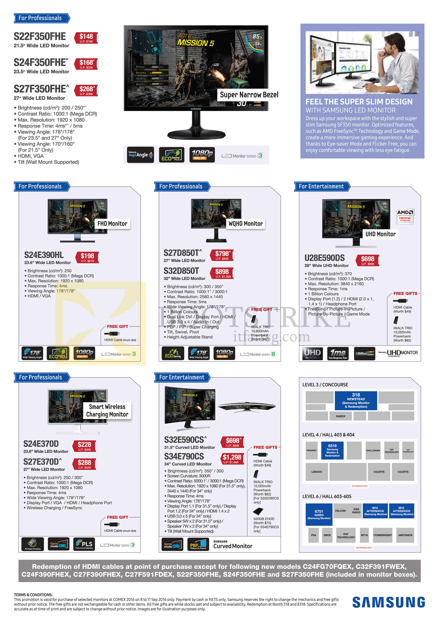 COMEX 2016 price list image brochure of Samsung Monitors LED S22F350FHE, S24F350FHE, S27F350FHE, S24E390HL, S27D850T, S32D850T, U28E590DS, S24E370D, S27E370D, S32E590CS, S34E790CS