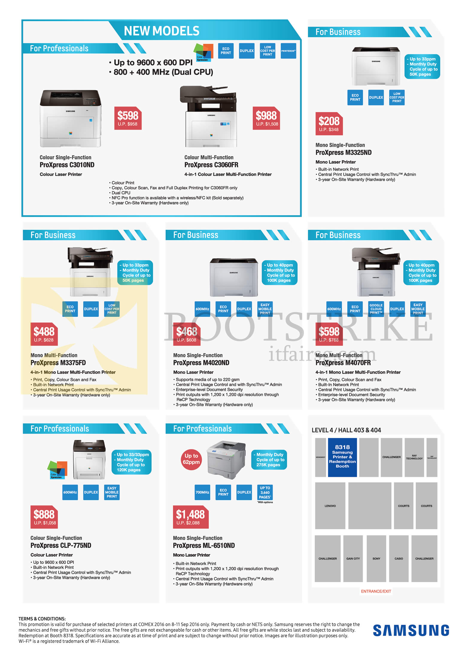 COMEX 2016 price list image brochure of Samsung Printers Laser ProXpress C3010ND, C3060FR, M3325ND, M3375FD, M4020ND, M4070FR, CLP-775ND, ML-6510ND