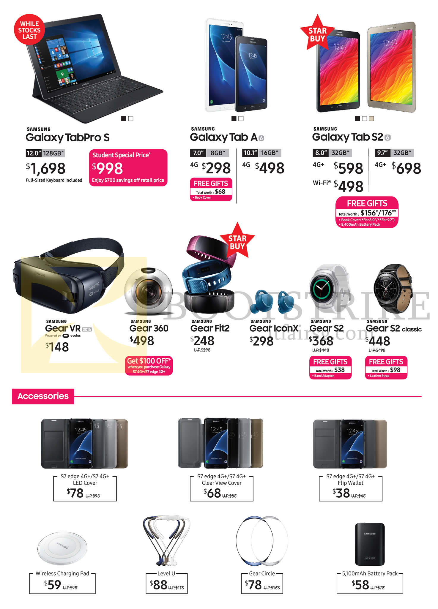 COMEX 2016 price list image brochure of Samsung Tablets, Mobile SmartPhones, Accessories, Galaxy TabPro S, Tab A, S2, Gear VR, 360, Fit2, IconX, S2, S2 Classic, S7 Edge Wallet, Charging Pod, Gear Circle, Battery