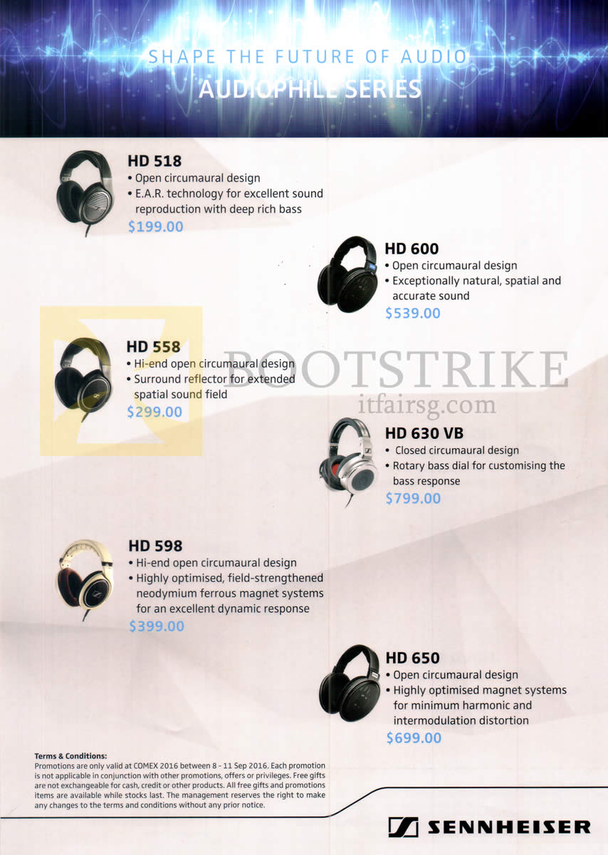 COMEX 2016 price list image brochure of Sennheiser Headphones HD 518, 558, 600, 630 VB, 598, 650