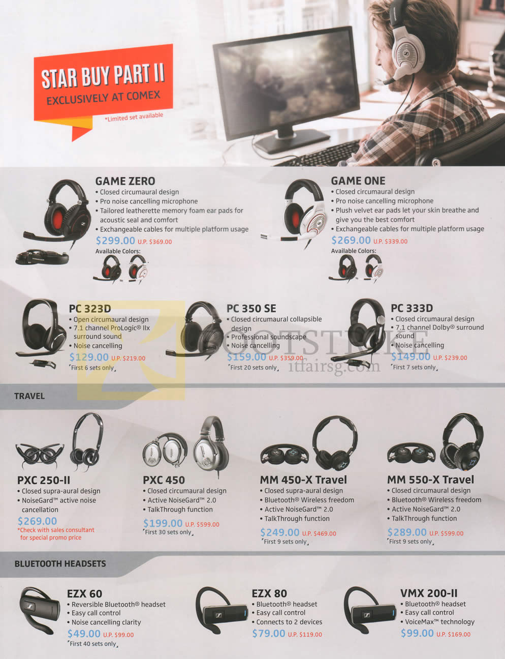 COMEX 2016 price list image brochure of Sennheiser Headphones, Bluetooth Headsets, Game Zero, One, PC 323D, 350 SE, 333D, PXC 250-II, 450, MM 450-X Travel, 550-X Travel, EZX 60, 80, VMX 200-II