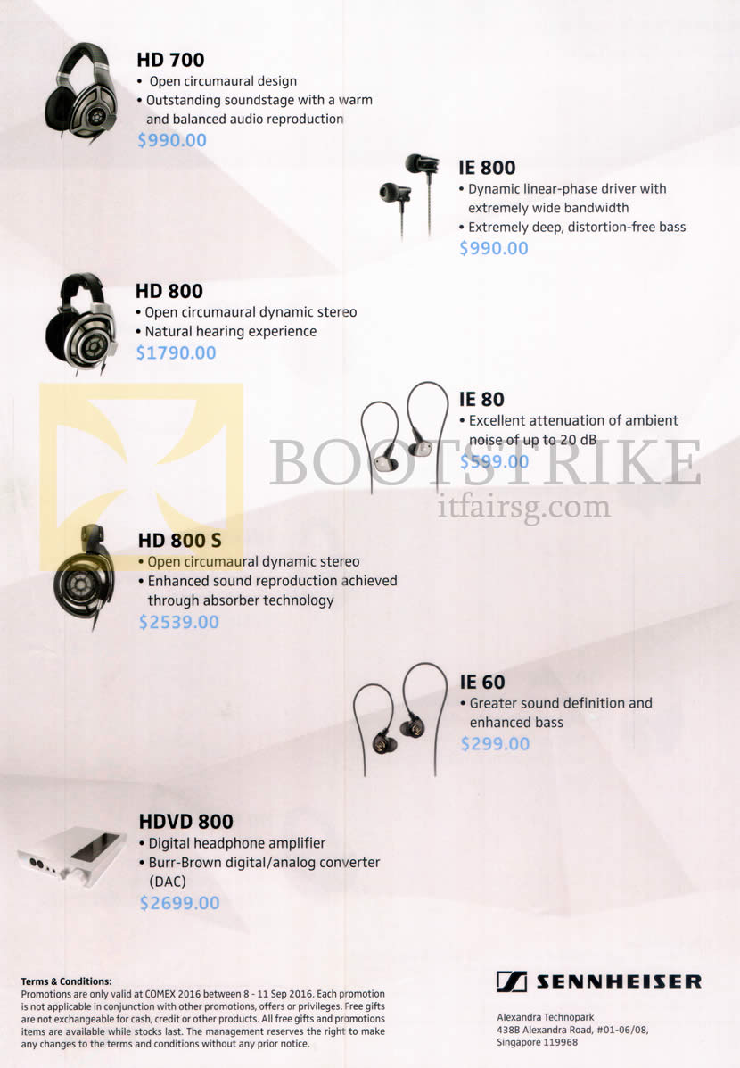 COMEX 2016 price list image brochure of Sennheiser Headphones, Earphones, HD 700, 800, 800 S, HDVD 800, IE 800, 80, 60