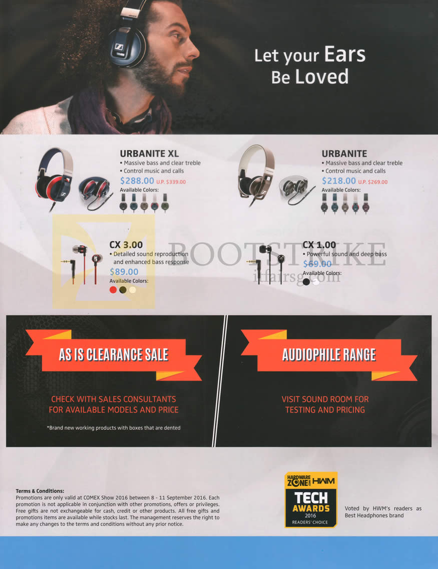 COMEX 2016 price list image brochure of Sennheiser Headphones, Earphones, Urbanite XL, Urbanite, CX 3.00, CX 1