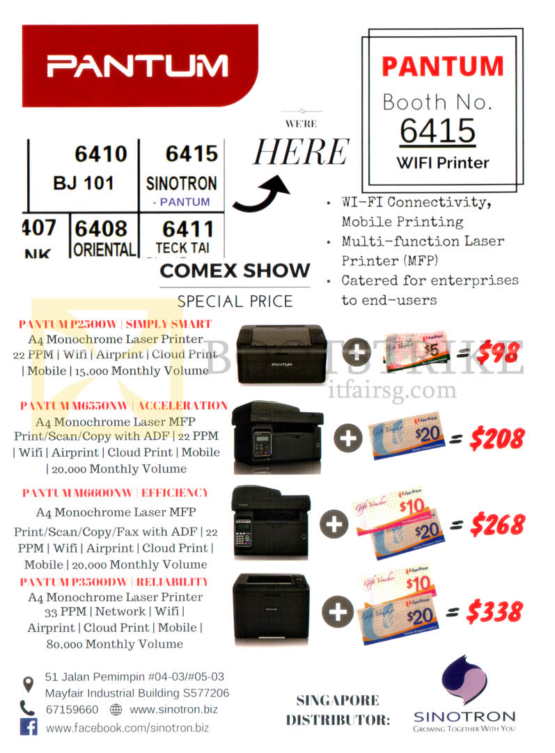 COMEX 2016 price list image brochure of Sinotron Pantum Wifi Printer P2500W, M6550NW, M6600NW, P3500DW