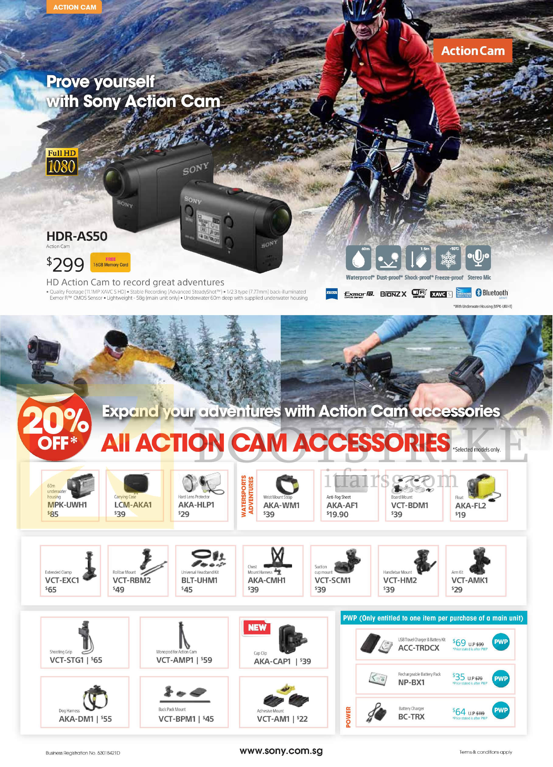 COMEX 2016 price list image brochure of Sony Action Cam, Accessories, HDR-AS50, MPK-UWH1, LCM-AKA1, AKA-HLP1, VCT-EXC1, RBM2, BLT-UHM1, AKA-CMH1, VCT-SCM1, STG1, AMP1, AKA-CAP1, DM1