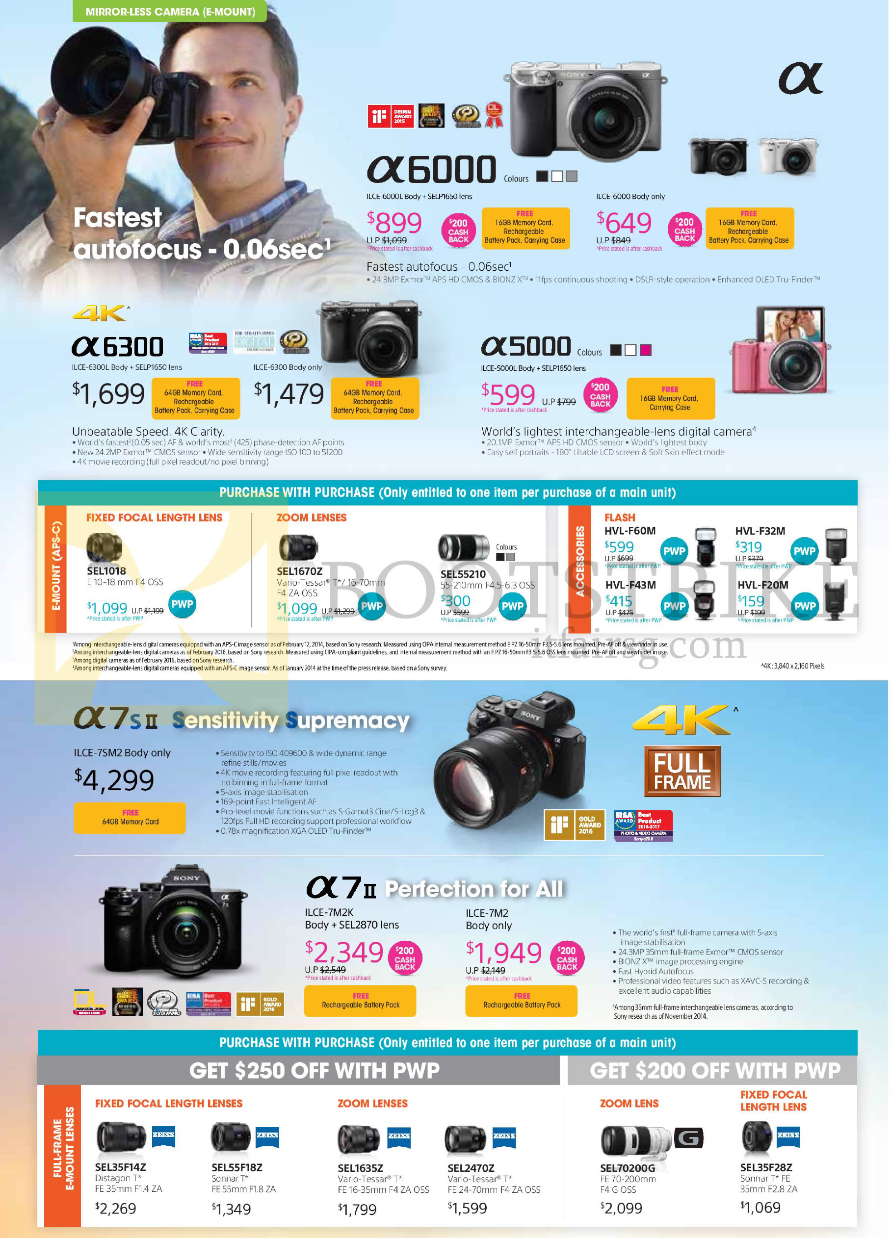 COMEX 2016 price list image brochure of Sony Mirrorless Digital Cameras, A6000, A6300, A5000, A7s II, A7 II, Purchase With Purchase Focal Length Lenses, Zoom Lenses