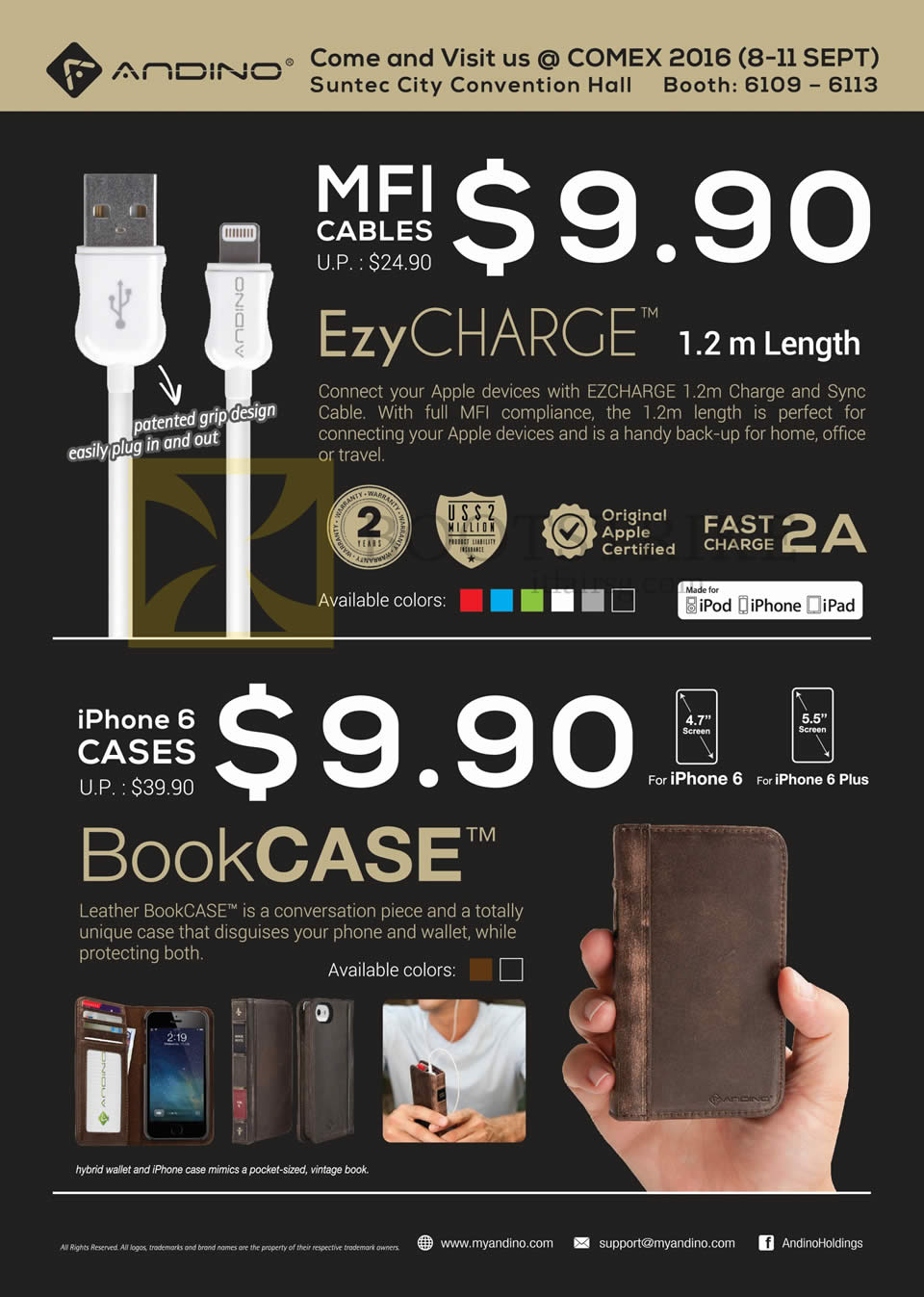 COMEX 2016 price list image brochure of Sprint-Cass Andino MFI Cables, IPhone 6 Cases, Ezy Charge, BookCase