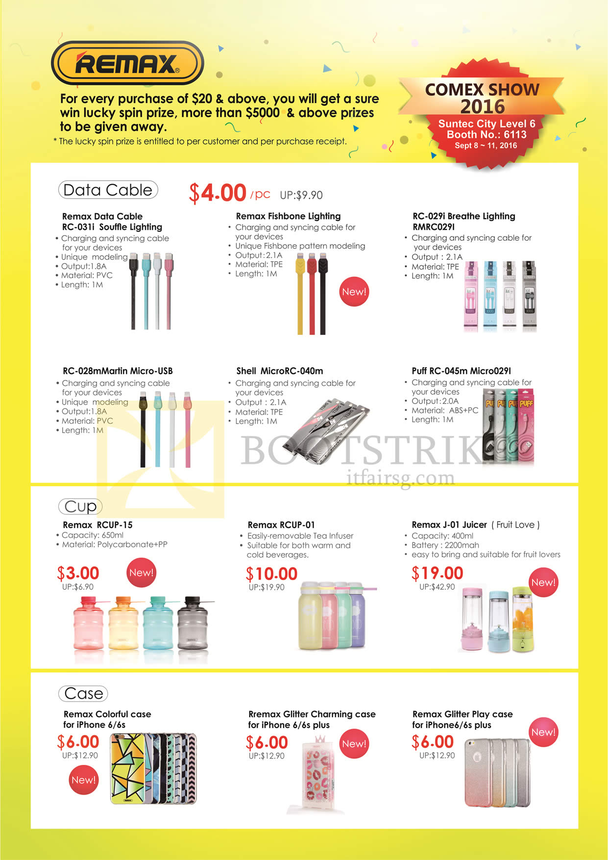 COMEX 2016 price list image brochure of Sprint-Cass Remax Data Cables, Lightning, Fishbone, Breathe, Case, Glitter, Play