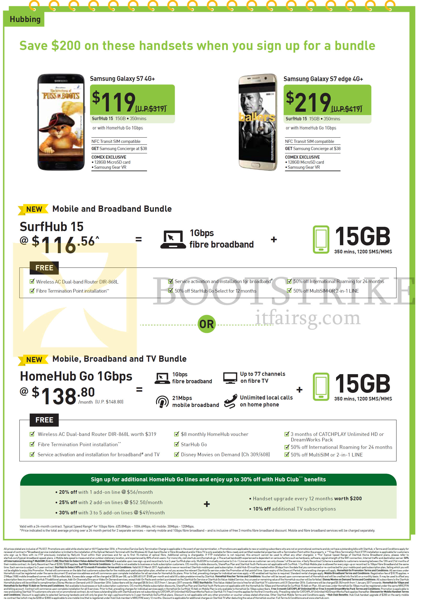 COMEX 2016 price list image brochure of StarHub Hubbing Mobile Phones, Plans, Samsung Galaxy S7, S7 Edge, 116.56 SurfHub 15, 138.80 HomeHub Go 1Gbps