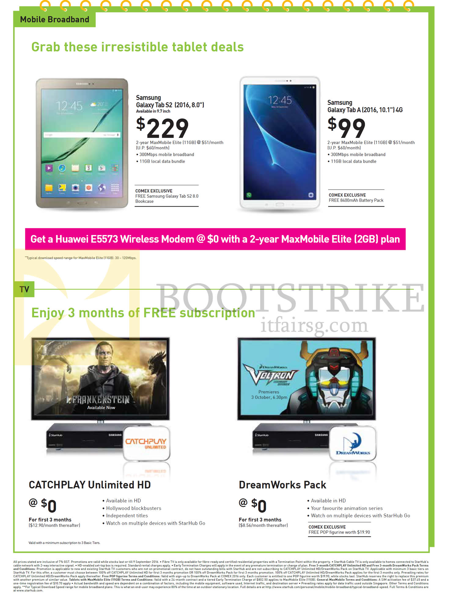 COMEX 2016 price list image brochure of StarHub Mobile Broadband, TVs, Samsung Galaxy Tab S2 2016 8.0, Tab A 2016 10.1, Catchplay Unlimited HD, DreamWorks Pack