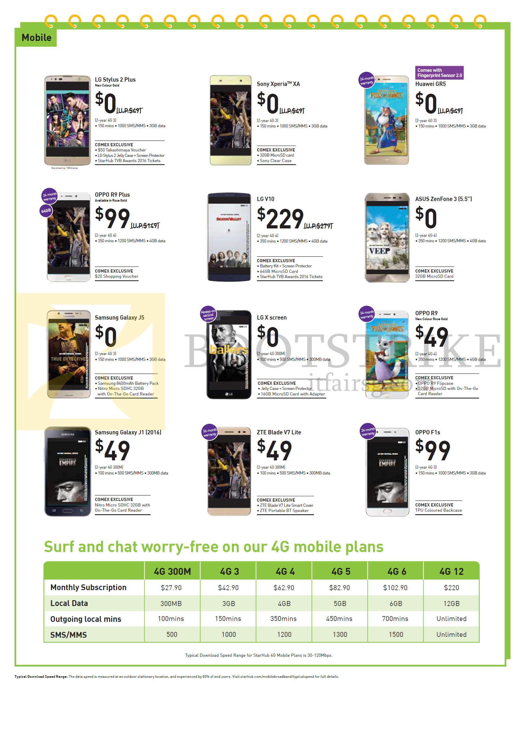 COMEX 2016 price list image brochure of StarHub Mobile Phones, Plans, LG Stylus 2 Plus, V10, X Screen, Sony Xperia XA, Huawei GR5, Asus Zenfone 3 5.5, Oppo R9 Plus, R9, F1s, Samsung Galaxy J5, J1, ZTE Blade V7 Lite