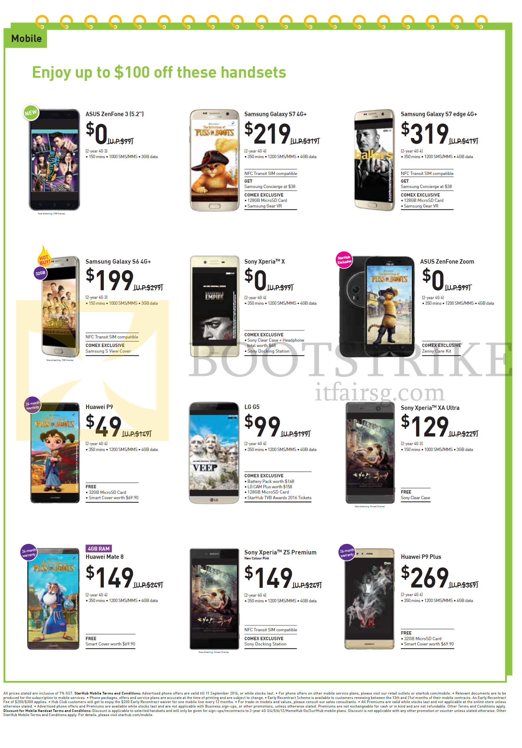 COMEX 2016 price list image brochure of StarHub Mobile Plans Asus Zenfone 3 5.2, Zoom, Samsung Galaxy S7, S7 Edge, S6, Sony Xperia X, XA Ultra, Z5 Premium, LG G5, Huawei P9, Mate 8, P9 Plus