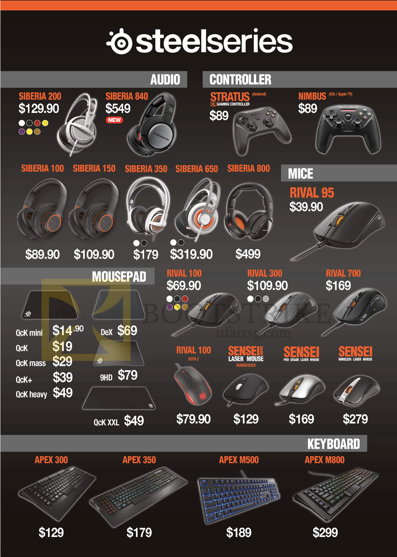 COMEX 2016 price list image brochure of Steelseries Headphones, Mousepads, Mouse, Keyboards, Siberia 200, 840, 100, 150, 350, 650, 800, Stratus, Nimbus, Rival 95, 100, 300, 700, Apex 300, 350, M500, M800