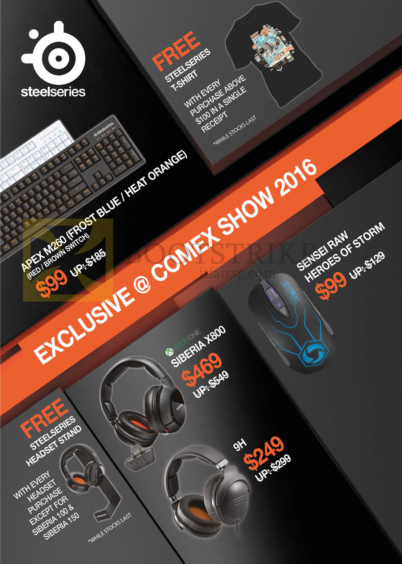 COMEX 2016 price list image brochure of Steelseries Headsets, Mouse, Siberai X800, 9H, Free Headset Stand, T-Shirt