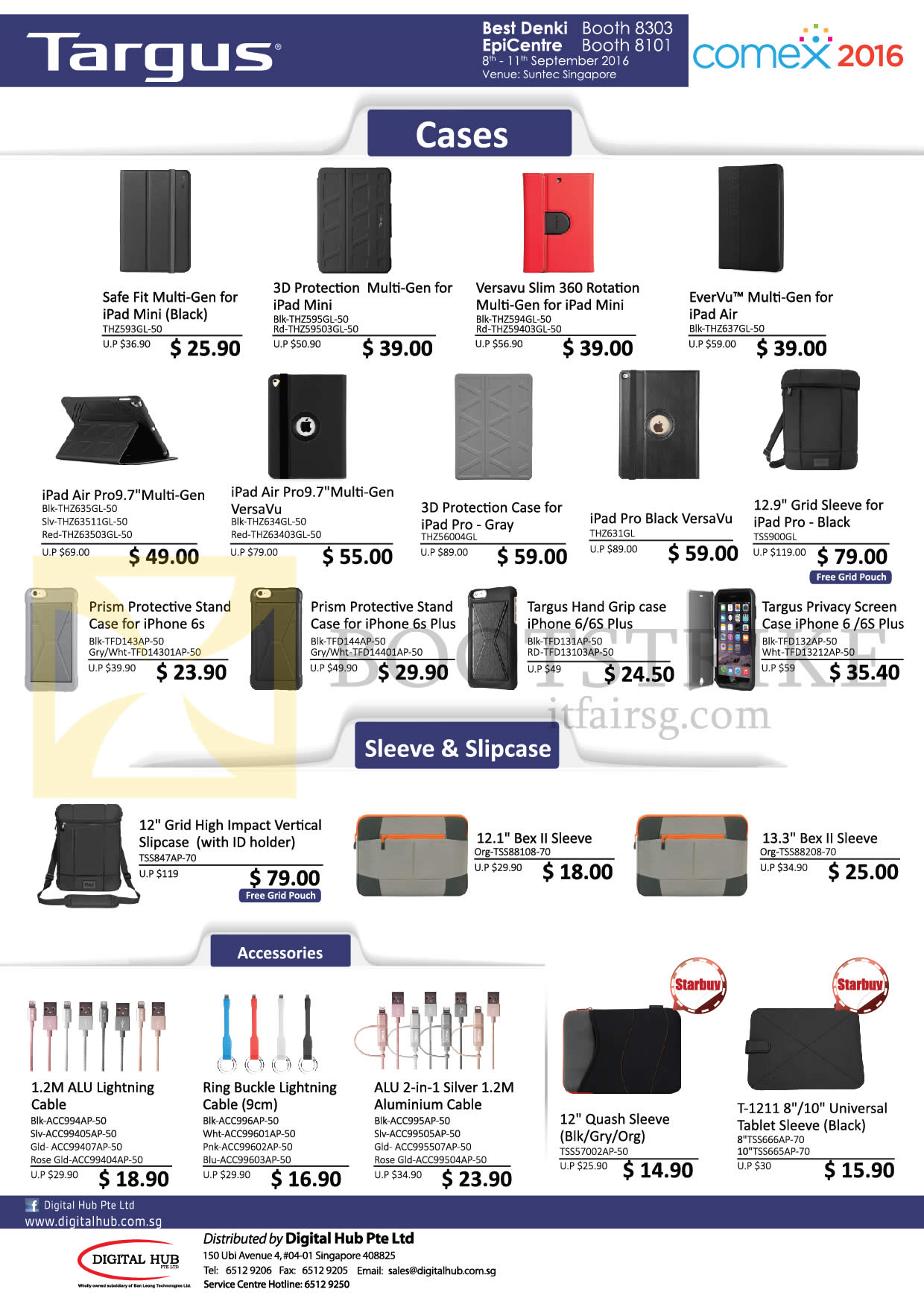 COMEX 2016 price list image brochure of Targus Digital Hub Cases, Sleeve, Slipcase, Accessories, Safe Fit, 3D Protection, Versavu Slim 360, Evervu, Air Pro9 7.0, Bex II Sleeve, ALU Lightning Cable, Quash Sleeve