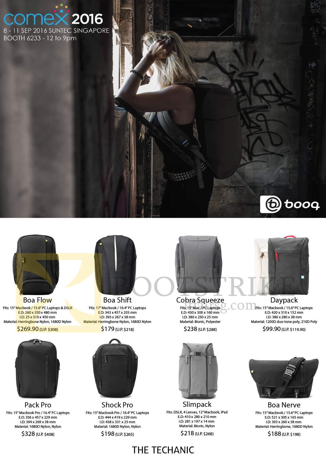 COMEX 2016 price list image brochure of The Techanic Booq Bags Backpacks Boa Flow, Shift, Cobra Squeeze, Daypack, Pack Pro, Shock Pro, Slimpack, Boa Nerve