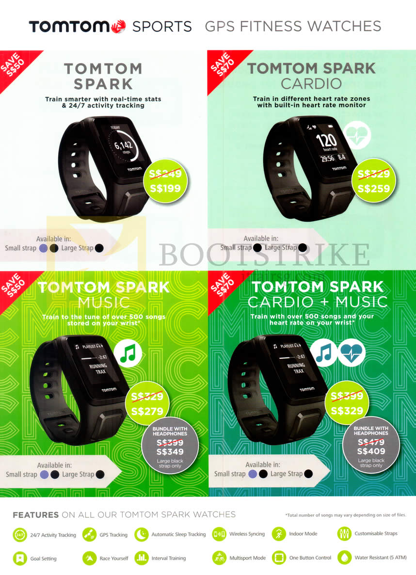 COMEX 2016 price list image brochure of Tomtom GPS Fitness Watches Spark, Spark Cardio, Spark Music, Cardio Plus Music