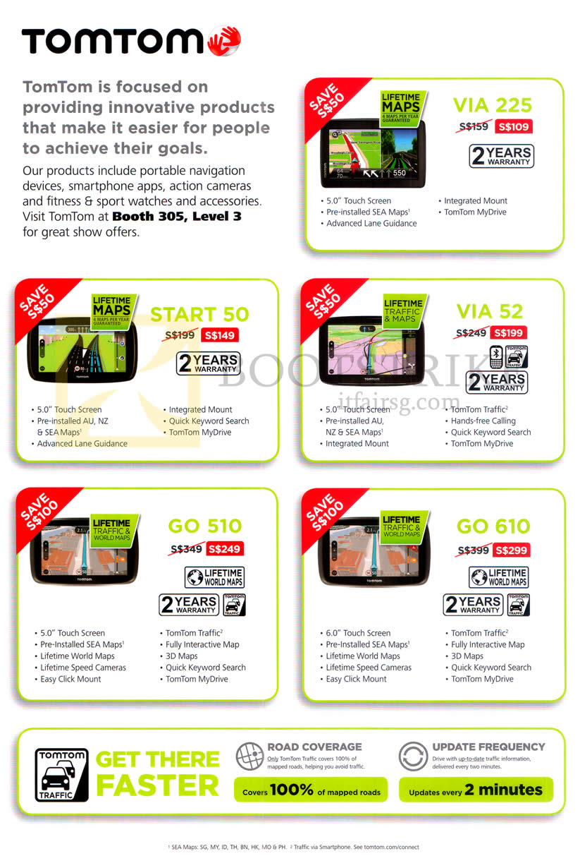 COMEX 2016 price list image brochure of Tomtom GPS Navigators Start 50, GO 510, VIA 225, 52, GO 610