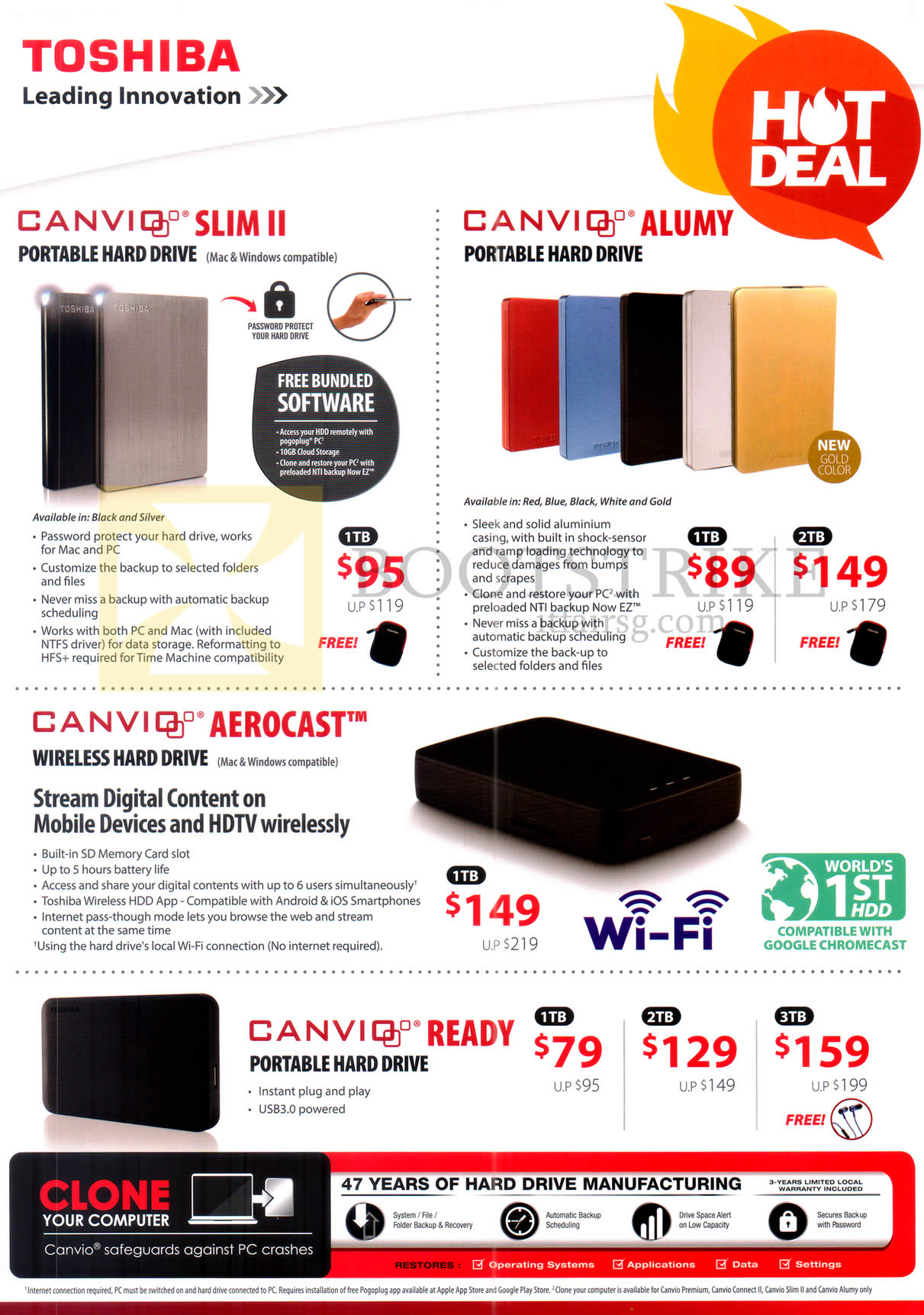 COMEX 2016 price list image brochure of Toshiba External Storage Canvio Slim II, Alumy, Aerocast, Ready, 1TB 2TB 3TB