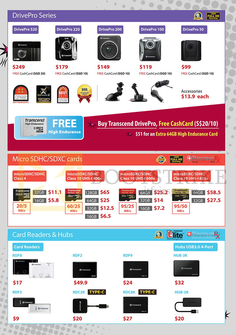 COMEX 2016 price list image brochure of Transcend DrivePro Series, MicroSDHC, SDXC Cards, Card Readers, Hubs, DrivePro 520, 220, 200, 100, 50, RDF8, 2, 9, 5, RDC2K, 8K, HUB-3K, 2K