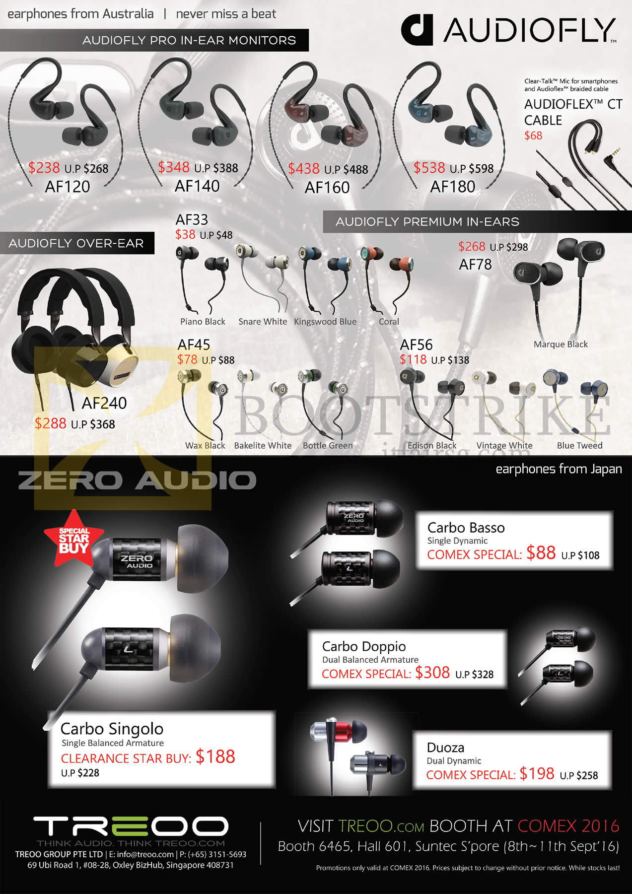 COMEX 2016 price list image brochure of Treoo Audiofly Earphones AF120, AF140, AF160, AF180, AF33, AF78, AF56, AF45, AF240, Zero Audio, Carbo Basso, Singolo, Doppio, Duoza