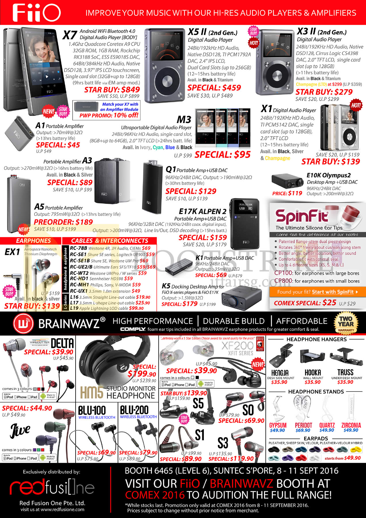 COMEX 2016 price list image brochure of Treoo Fiio Audio Player, Amplifier, Headphones, Earphones, Headphone Hangers, X7, X5 II, X3 II, A1, M3, X1, A5, E17K Alpen 2, K1, EX1, Delta, Blu-100, 200, S1, S3