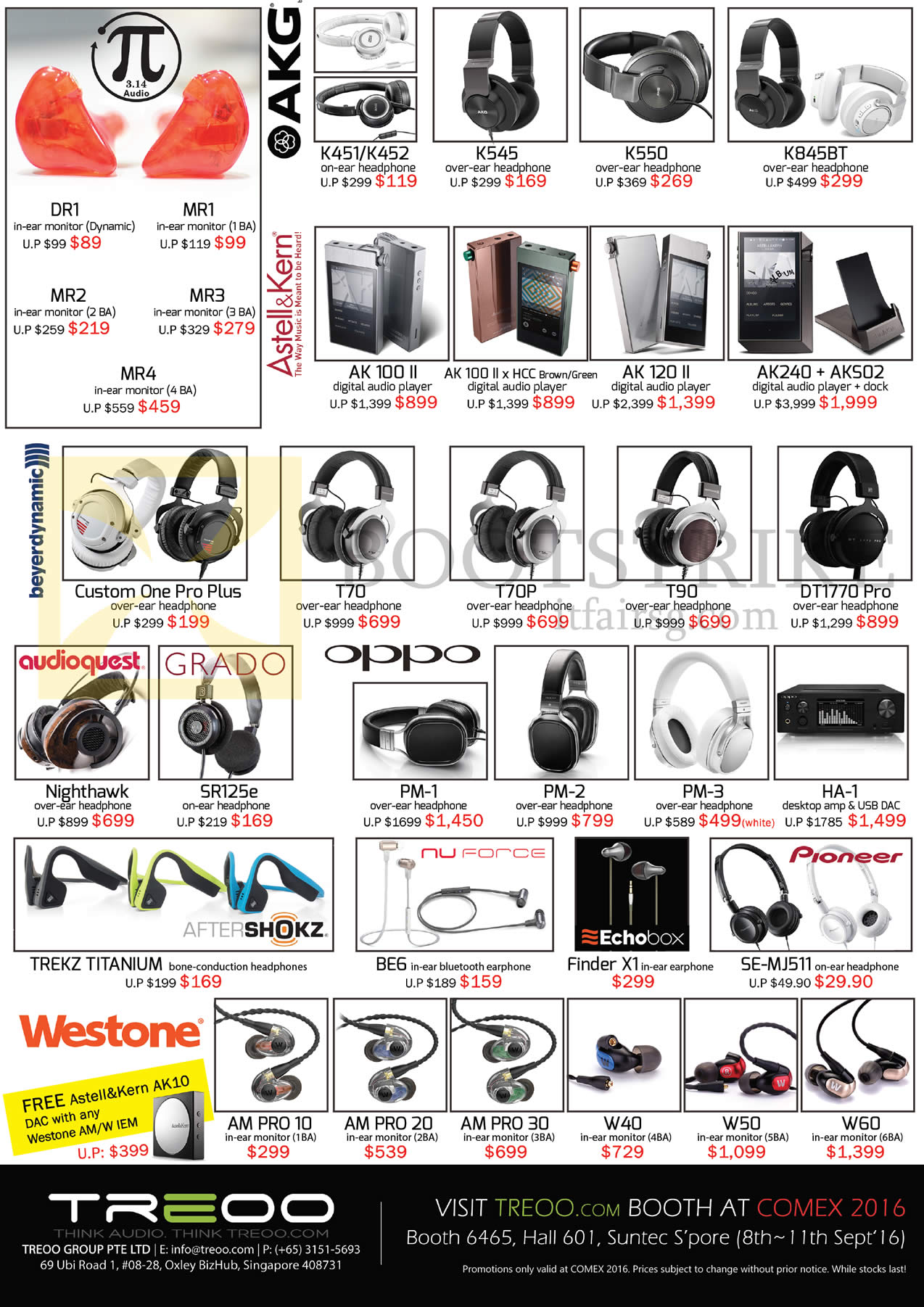 COMEX 2016 price list image brochure of Treoo Headphones, Earphones, AKG, Astell N Kern, Beyerdynamic, Audioquest, Oppo, Westone, Pioneer, Nuforce, K451, AK120 II, DT1770Pro, Nighthawk, PM-1, Trekz Titanium, BE6