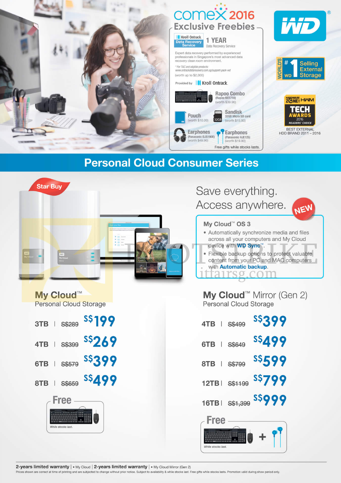 COMEX 2016 price list image brochure of Western Digital Personal Cloud Storage NAS My Cloud, Mirror Gen 2, 3TB, 4TB, 6TB, 8TB, 12TB, 16TB