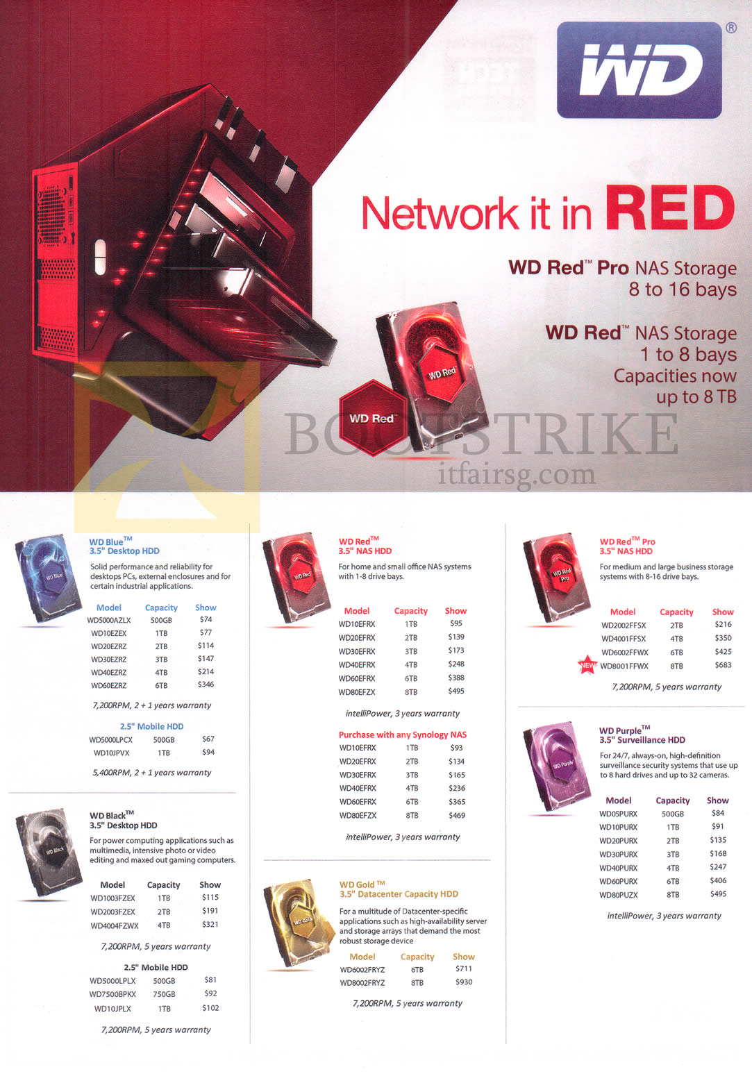 COMEX 2016 price list image brochure of Western Digital WD Hard Disk Internal NAS Storage Blue, Red, Red Pro, Black, Gold, Purple, 500GB, 750GB, 1TB, 2TB, 3TB, 4TB, 6TB, 8TB