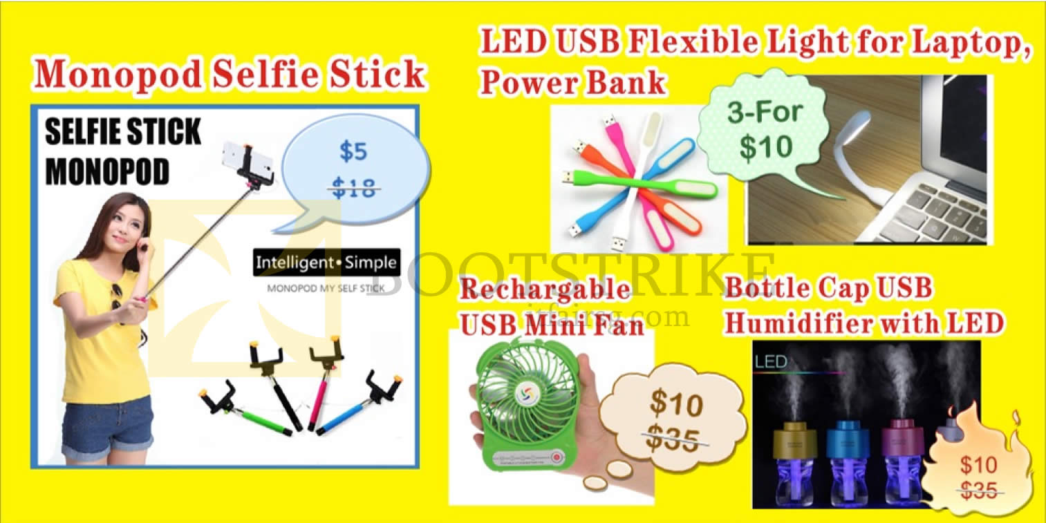 COMEX 2016 price list image brochure of Worldwide Computer Monopod Selfie Stick, LED Flexible Light, USB Mini Fan, Humidifier