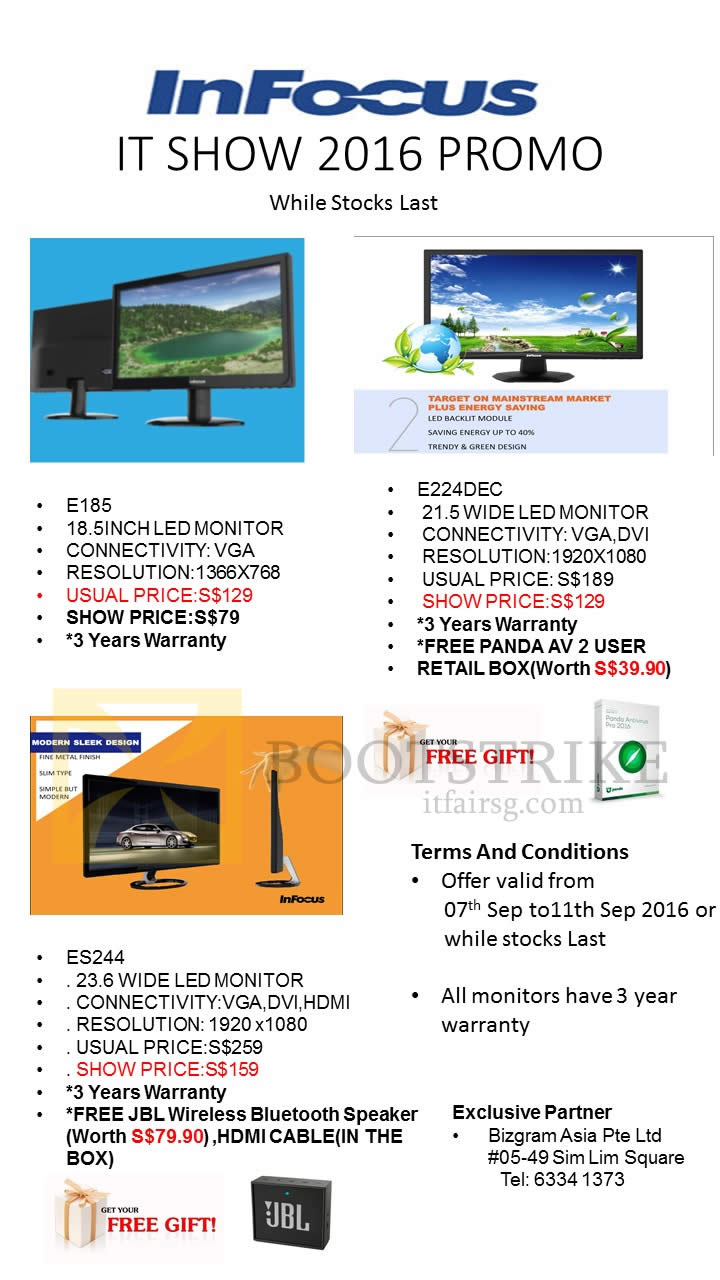 COMEX 2016 price list image brochure of Worldwide Computers Infocus Monitors E185, E224DEC, ES244