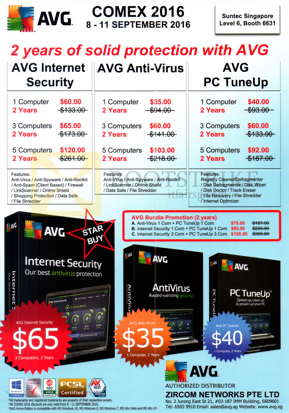 COMEX 2016 price list image brochure of Zircom Networks AVG Internet Security, Anti-Virus, PC TuneUp, Bundle Promotions